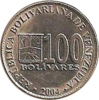 Venezuela coin 100 Bolívares (2001 - 2004) reverse reverse of 100 Bolívares (2001 - 2004) coin with Y# 83 from Venezuela. Inscription: REPÚBLICA BOLIVARIANA DE VENEZUELA 100 BOLÍVARES · 2002 ·