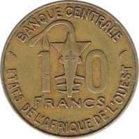 Western Africa (BCEAO) coin 10 Francs - FAO (1981 - 2013) reverse reverse of 10 Francs - FAO (1981 - 2013) coin with KM# 10 from Western Africa (BCEAO). Inscription: 10 FRANCS BANQUE CENTRALE ETATS DE L'AFRIQUE DE L'OUEST