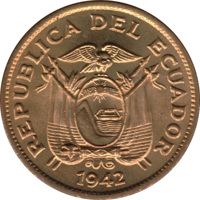 obverse of 10 Centavos (1942) coin with KM# 76a from Ecuador. Inscription: REPUBLICA DEL ECUADOR 1942