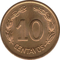 Ecuador coin 10 Centavos (1942) reverse reverse of 10 Centavos (1942) coin with KM# 76a from Ecuador. Inscription: 10 CENTAVOS