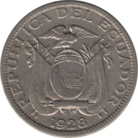 Ecuador coin 5 Centavos (1928) obverse obverse of 5 Centavos (1928) coin with KM# 69 from Ecuador. Inscription: REPUBLICA DEL ECUADOR