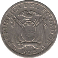 obverse of 5 Centavos (1928) coin with KM# 69 from Ecuador. Inscription: REPUBLICA DEL ECUADOR