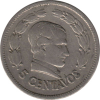 reverse of 5 Centavos (1928) coin with KM# 69 from Ecuador. Inscription: 5 CENTAVOS