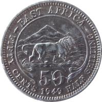 British East Africa coin 50 Cents - George VI (1948 - 1952) reverse reverse of 50 Cents - George VI (1948 - 1952) coin with KM# 30 from British East Africa. Inscription: EAST AFRICA 50 FIFTY CENTS 1948 HALF SHILLING