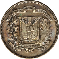 obverse of 5 Centavos (1944) coin with KM# 18a from Dominican Republic. Inscription: DIOS PATRIA LIBERTAD REPUBLICA DOMINICANA