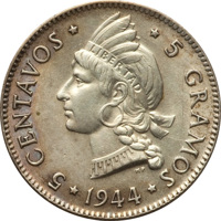 reverse of 5 Centavos (1944) coin with KM# 18a from Dominican Republic. Inscription: * 5 CENTAVOS * * 5 GRAMOS * LIBERTAD