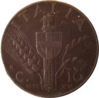 reverse of 10 Centesimi - Vittorio Emanuele III (1936 - 1943) coin with KM# 74 from Italy. Inscription: ITALIA R C. 10 1936 XIV G.ROMAGNOLI
