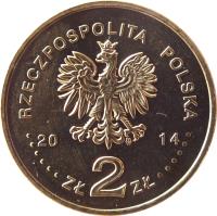 obverse of 2 Złote - Centenary of the birth of Jan Karski (2014) coin with Y# 901 from Poland. Inscription: RZECZPOSPOLITA POLSKA 2014 ZŁ 2 ZŁ