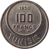 Tunisia coin 100 Francs - Muhammad VIII al-Amin (1950 - 1957) reverse reverse of 100 Francs - Muhammad VIII al-Amin (1950 - 1957) coin with KM# 276 from Tunisia.