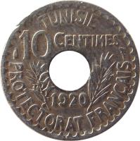 Tunisia coin 10 Centimes - Muḥammad V an-Nāṣir (1918 - 1920) reverse reverse of 10 Centimes - Muḥammad V an-Nāṣir (1918 - 1920) coin with KM# 243 from Tunisia. Inscription: TUNISIE 10 CENTIMES PROTECTORAT FRANÇAIS