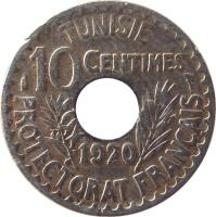 reverse of 10 Centimes - Muḥammad V an-Nāṣir (1918 - 1920) coin with KM# 243 from Tunisia. Inscription: TUNISIE 10 CENTIMES PROTECTORAT FRANÇAIS