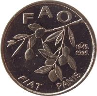 Croatia coin 20 Lipa - FAO (1995) obverse obverse of 20 Lipa - FAO (1995) coin with KM# 18 from Croatia. Inscription: FAO 1945. 1995. FIAT PANIS