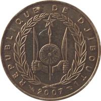 Djibouti coin 10 Francs (1977 - 2013) obverse obverse of 10 Francs (1977 - 2013) coin with KM# 23 from Djibouti. Inscription: REPUBLIQUE DE DJIBOUTI 2007