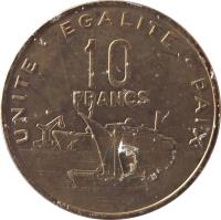 reverse of 10 Francs (1977 - 2013) coin with KM# 23 from Djibouti. Inscription: UNITE . EGALITE . PAIX 10 FRANCS
