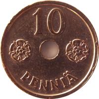 reverse of 10 Penniä - With hole (1941 - 1943) coin with KM# 33.1 from Finland. Inscription: 10 PENNIÄ