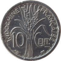 reverse of 10 Centimes (1945) coin with KM# 28 from French Indochina. Inscription: INDOCHINE FRANÇAISE 10 CENT.