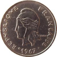 obverse of 20 Francs (1967 - 1970) coin with KM# 6 from French Polynesia. Inscription: RÉPUBLIQUE FRANÇAISE 1970 R. JOLY