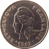 French Polynesia coin 20 Francs (1967 - 1970) obverse obverse of 20 Francs (1967 - 1970) coin with KM# 6 from French Polynesia. Inscription: RÉPUBLIQUE FRANÇAISE 1970 R. JOLY