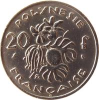 reverse of 20 Francs (1967 - 1970) coin with KM# 6 from French Polynesia. Inscription: POLYNESIE FRANÇAISE 20 f