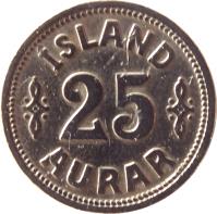 Iceland coin 25 Aurar - Christian X (1922 - 1940) reverse reverse of 25 Aurar - Christian X (1922 - 1940) coin with KM# 2 from Iceland. Inscription: ÍSLAND 25 AURAR