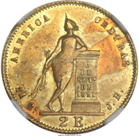 reverse of 2 Escudos (1850 - 1863) coin with KM# 99 from Costa Rica. Inscription: AMERICA CENTRAL 21 Qs 2 E J.B.