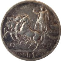 reverse of 1 Lira - Vittorio Emanuele III (1915 - 1917) coin with KM# 57 from Italy. Inscription: 1916 FERT D · CALANDRA M · L · GIORGI INC · R L. 1