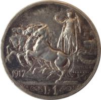 Italy coin 1 Lira - Vittorio Emanuele III (1915 - 1917) reverse reverse of 1 Lira - Vittorio Emanuele III (1915 - 1917) coin with KM# 57 from Italy. Inscription: 1916 FERT D · CALANDRA M · L · GIORGI INC · R L. 1