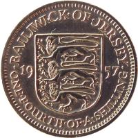 reverse of 1/4 Shilling - Elizabeth II - 1'st Portrait (1957 - 1960) coin with KM# 22 from Jersey. Inscription: · BAILIWICK · OF · JERSEY · 19 57 ONE · FOURTH · OF · A · SHILLING