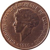 obverse of 10 Centimes - Charlotte (1930) coin with KM# 41 from Luxembourg. Inscription: CHARLOTTE GRANDE-DUCHESSE DE LUXEMBOURG *1930*