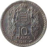 reverse of 10 Francs - Louis II (1946) coin with KM# 123 from Monaco. Inscription: 10 FRANCS 1946 DEO JUVANT