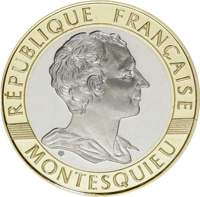 obverse of 10 Francs - 300th Anniversary of the Montesquieu (1989) coin with KM# 969a from France. Inscription: RÉPUBLIQUE FRANÇAISE MONTESQUIEU