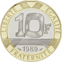 reverse of 10 Francs - 300th Anniversary of the Montesquieu (1989) coin with KM# 969a from France. Inscription: LIBERTÉ ÉGALITÉ 10F 1989 FRATERNITÉ