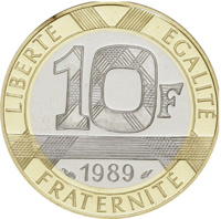 France coin 10 Francs - 300th Anniversary of the Montesquieu (1989) reverse reverse of 10 Francs - 300th Anniversary of the Montesquieu (1989) coin with KM# 969a from France. Inscription: LIBERTÉ ÉGALITÉ 10F 1989 FRATERNITÉ