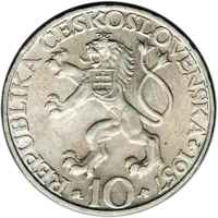 obverse of 10 Korun - 250th Anniversary - Technical College (1957) coin with KM# 47 from Czechoslovakia. Inscription: REPUBLIKA ČESKOSLOVENSKÁ·1957·10·