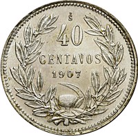 Chile coin 40 Centavos (1907 - 1908) reverse reverse of 40 Centavos (1907 - 1908) coin with KM# 163 from Chile. Inscription: So 40 CENTAVOS 1907
