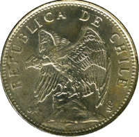 obverse of 2 Pesos (1927) coin with KM# 172 from Chile. Inscription: REPUBLICA DE CHILE 0,5 So