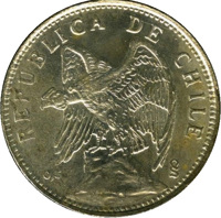 Chile coin 2 Pesos (1927) obverse obverse of 2 Pesos (1927) coin with KM# 172 from Chile. Inscription: REPUBLICA DE CHILE 0,5 So