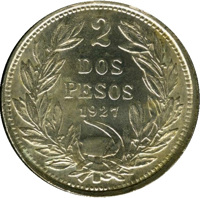 Chile coin 2 Pesos (1927) reverse reverse of 2 Pesos (1927) coin with KM# 172 from Chile. Inscription: 2 DOS PESOS 1927