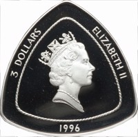 obverse of 3 Dollars - Elizabeth II - Bermuda Triangle (1996) coin with KM# 92 from Bermuda. Inscription: 3 DOLLARS ELIZABETH II 1996