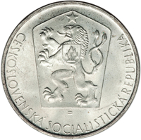 obverse of 10 Korun - 550 years - death of Jan Hus (1965) coin with KM# 58 from Czechoslovakia. Inscription: ČESKOSLOVENSKÁ SOCIALISTICKÁ REPUBLIKA
