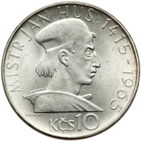 reverse of 10 Korun - 550 years - death of Jan Hus (1965) coin with KM# 58 from Czechoslovakia. Inscription: MISTR JAN HUS 1415 - 1965 KČS 10 K LIDICKÝ
