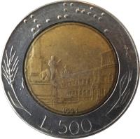 reverse of 500 Lire (1982 - 2001) coin with KM# 111 from Italy. Inscription: ⠨⠇⠄⠼⠑⠚⠚⠄ R 1985 L.500