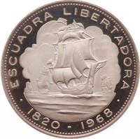 Chile coin 10 Pesos - Arrival of Liberation Fleet in 1820 under command of Lord Cochrane (1968) obverse obverse of 10 Pesos - Arrival of Liberation Fleet in 1820 under command of Lord Cochrane (1968) coin with KM# 183 from Chile. Inscription: ESCUADRA LIBERTADORA · 1820 - 1968 ·