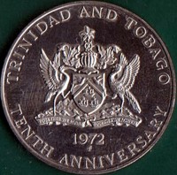 Trinidad and Tobago coin 1 Dollar - Elizabeth II - 10th Anniversary of Independence (1972) obverse obverse of 1 Dollar - Elizabeth II - 10th Anniversary of Independence (1972) coin with KM# 14 from Trinidad and Tobago. Inscription: TRINIDAD AND TOBAGO 1972 FM TENTH ANNIVERSARY