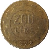 reverse of 200 Lire (1977 - 2001) coin with KM# 105 from Italy. Inscription: 200 LIRE R 1979