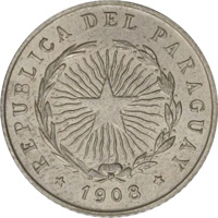 obverse of 10 Centavos (1908) coin with KM# 10 from Paraguay. Inscription: REPUBLICA DEL PARAGUAY * 1908 *