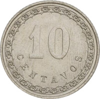 reverse of 10 Centavos (1908) coin with KM# 10 from Paraguay. Inscription: 10 CENTAVOS