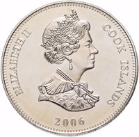 obverse of 1 Dollar - Elizabeth II - 80th Anniversary of the Television (2006) coin with KM# 1428 from Cook Islands. Inscription: ELIZABETH II COOK ISLANDS 2006