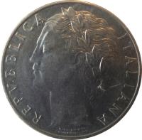 obverse of 100 Lire - Larger (1955 - 1989) coin with KM# 96.1 from Italy. Inscription: REPVBBLICA ITALIANA ROMAGNOLI GIAMPAOLI-INC.
