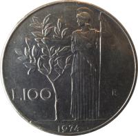 reverse of 100 Lire - Larger (1955 - 1989) coin with KM# 96.1 from Italy. Inscription: L.100 R 1979